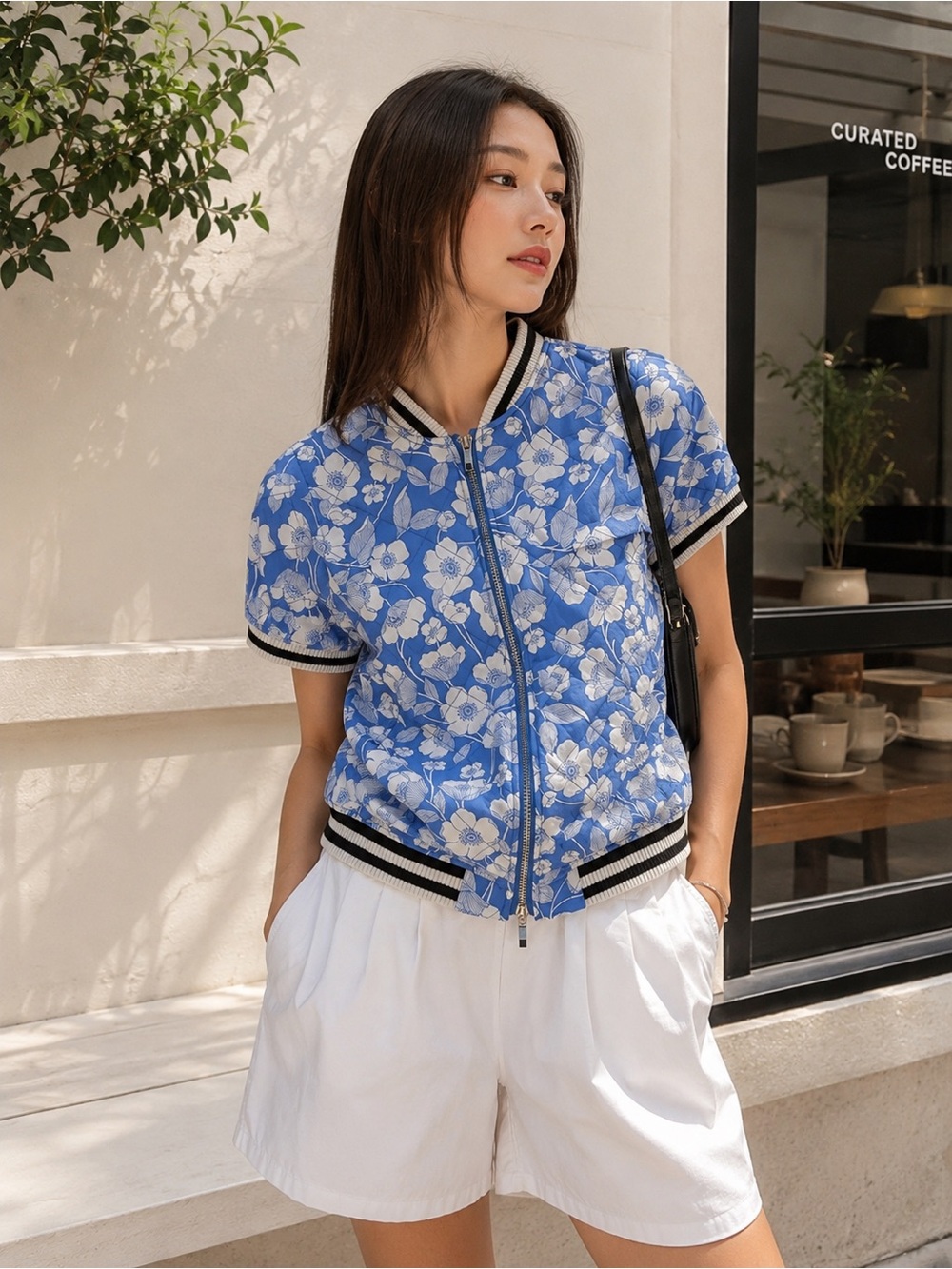 Stefanel Blue Floral Quilted Bomber Jacket